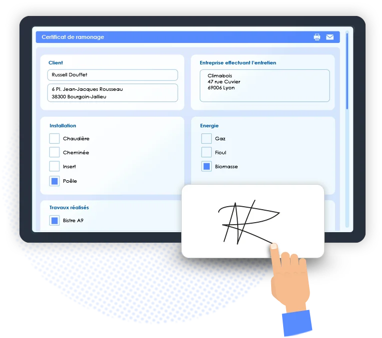 Signature certificat de ramonage sur tablette
